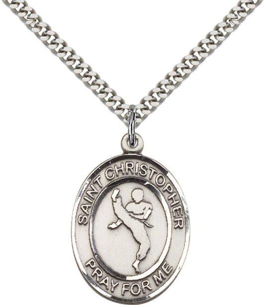 Sterling Silver St. Christopher Pendant with 24 Inch Light Rhodium Heavy Curb Chain - Large Martial Arts