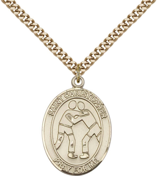 14kt Gold Filled St. Christopher/Wrestling Pendant with 24 inch Gold Plate Heavy Curb Chain - Large