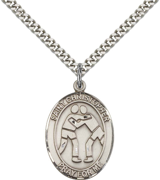 Sterling Silver St. Christopher Pendant with 24 Inch Light Rhodium Heavy Curb Chain - Large Wrestling