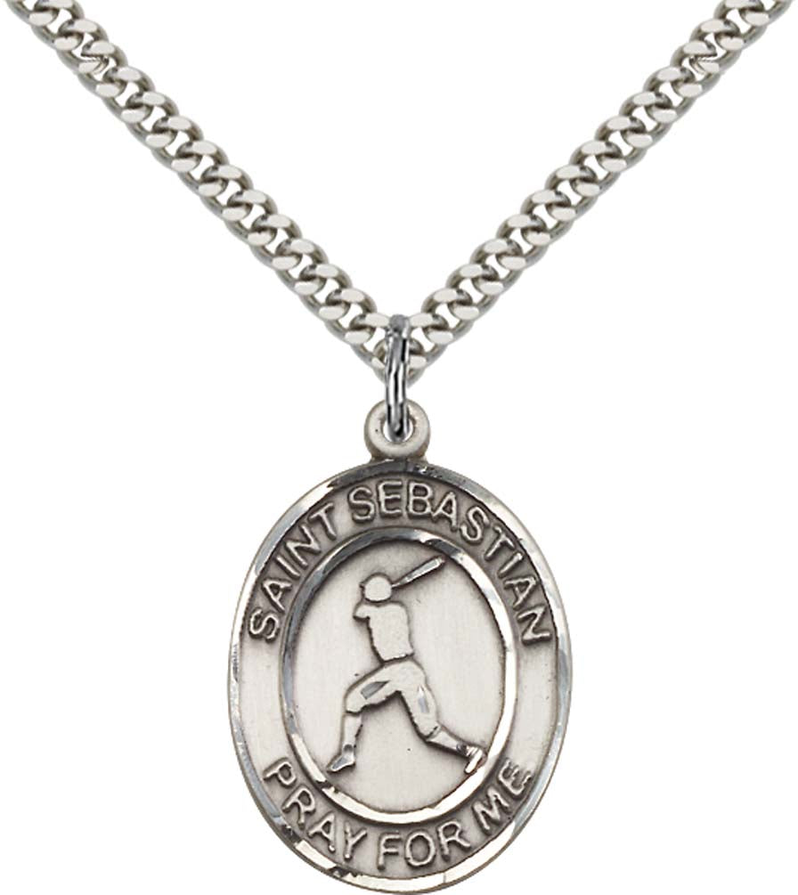 Sterling Silver St. Sebastian Pendant with 24 Inch Light Rhodium Heavy Curb Chain - Large Baseball