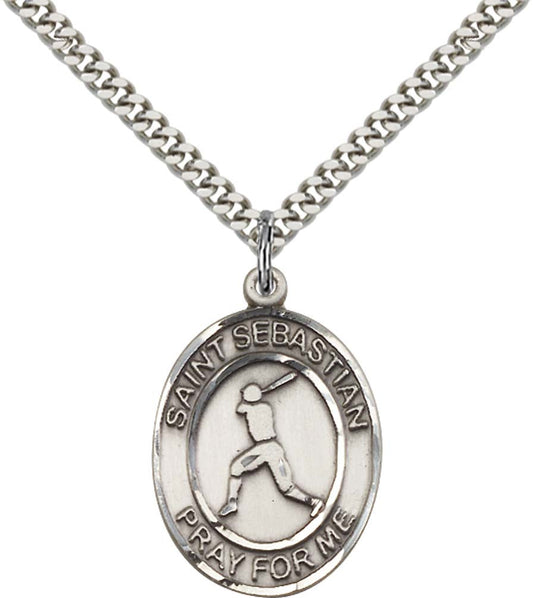Sterling Silver St. Sebastian Pendant with 24 Inch Light Rhodium Heavy Curb Chain - Large Baseball