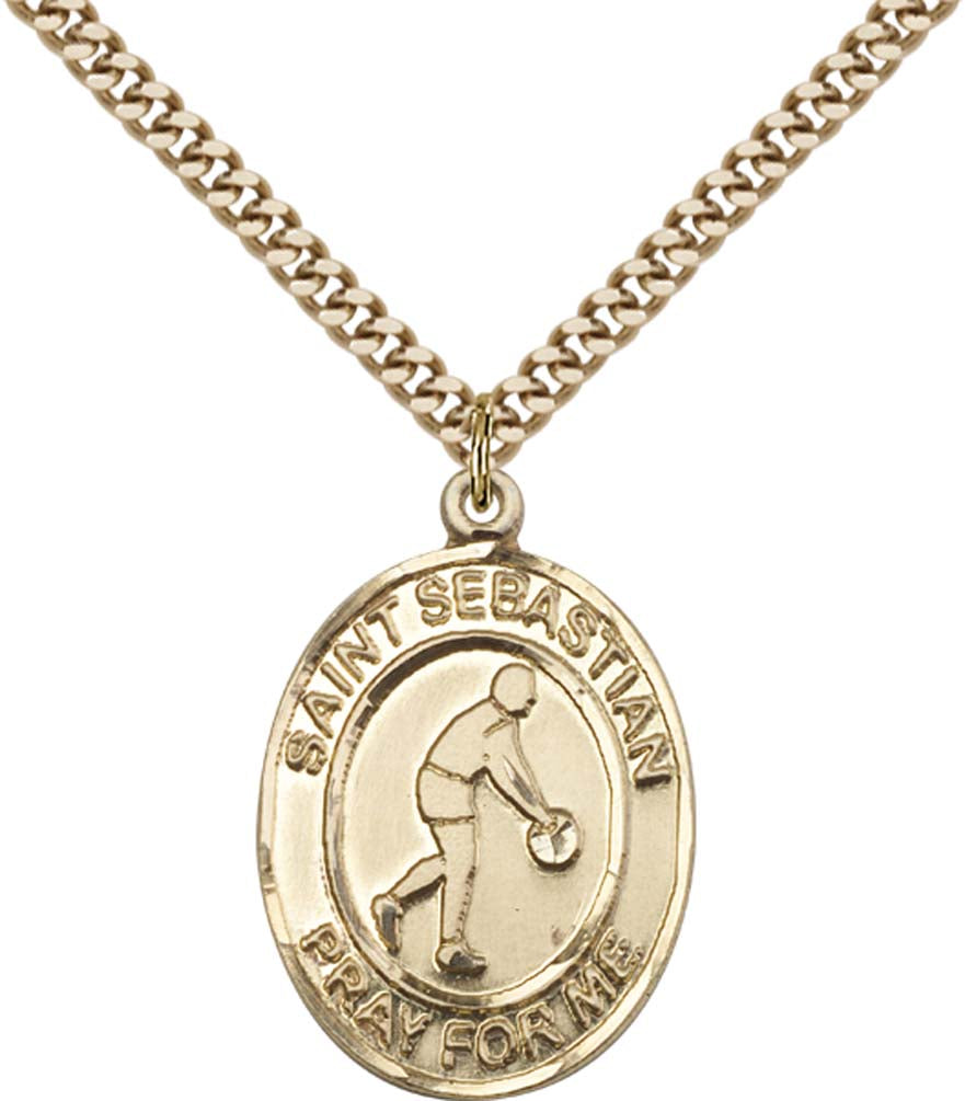 14kt Gold Filled St. Sebastian Pendant with 24 inch Gold Plate Heavy Curb Chain - Large Basketball