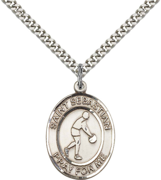 Sterling Silver St. Sebastian Pendant with 24 Inch Light Rhodium Heavy Curb Chain - Large Basketball