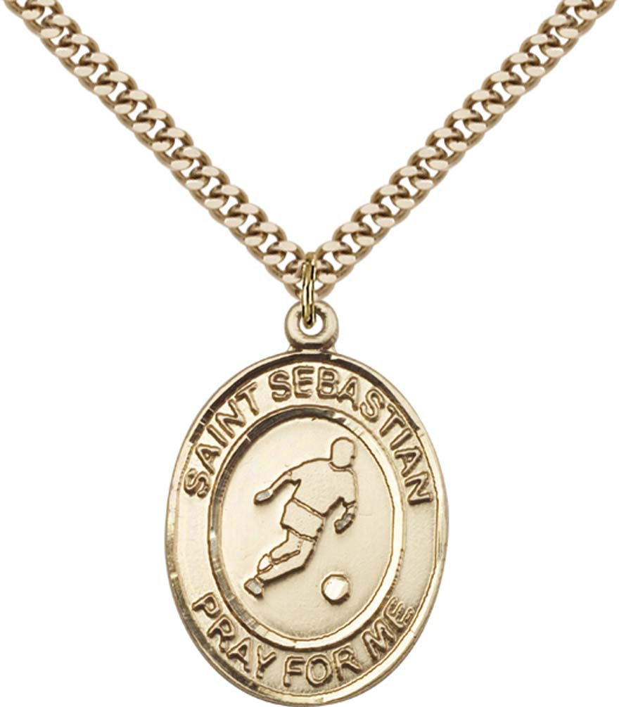 14kt Gold Filled St. Sebastian Pendant with 24 inch Gold Plate Heavy Curb Chain - Large Soccer