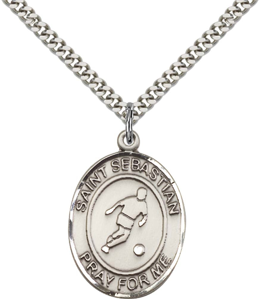 Sterling Silver St. Sebastian Pendant with 24 Inch Light Rhodium Heavy Curb Chain - Large Soccer