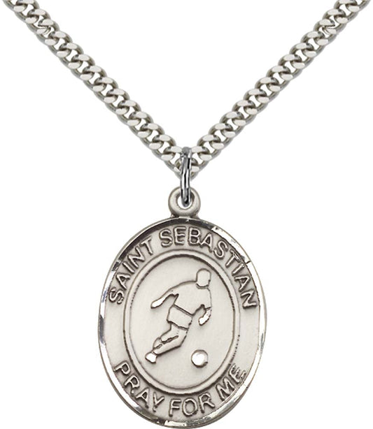 Sterling Silver St. Sebastian Pendant with 24 Inch Light Rhodium Heavy Curb Chain - Large Soccer