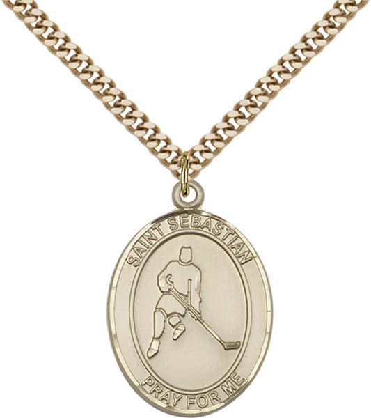 14kt Gold Filled St. Sebastian/Ice Hockey Pendant with 24 inch Gold Plate Heavy Curb Chain