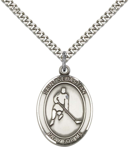 Sterling Silver St. Sebastian/Ice Hockey Pendant with 24 Inch Light Rhodium Heavy Curb Chain