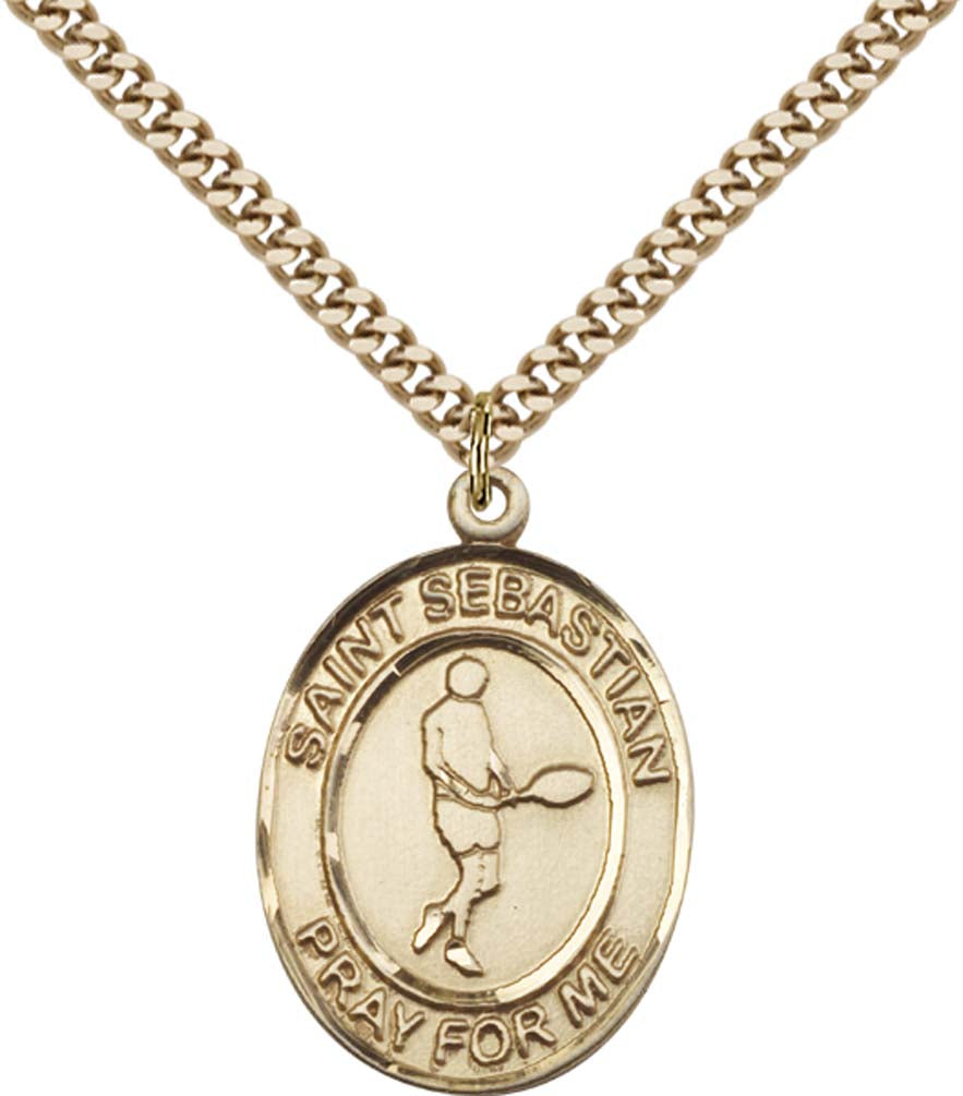 14kt Gold Filled St. Sebastian Pendant with 24 inch Gold Plate Heavy Curb Chain - Large Tennis