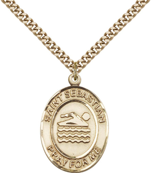 14kt Gold Filled St. Sebastian Pendant with 24 inch Gold Plate Heavy Curb Chain - Large Swimming