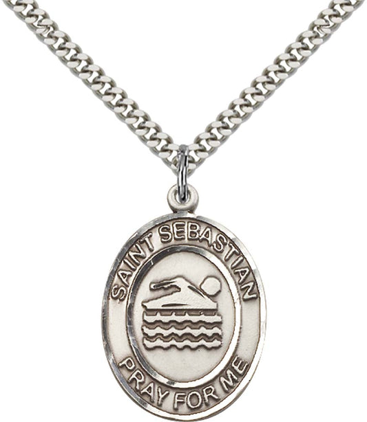Sterling Silver St. Sebastian Pendant with 24 Inch Light Rhodium Heavy Curb Chain - Large Swimming
