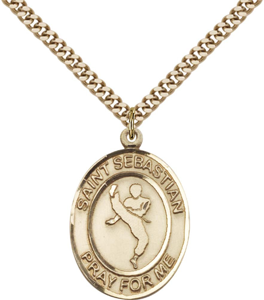 14kt Gold Filled St. Sebastian Pendant with 24 inch Gold Plate Heavy Curb Chain - Large Martial Arts