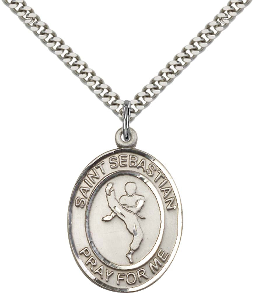 Sterling Silver St. Sebastian Pendant with 24 Inch Light Rhodium Heavy Curb Chain - Large Martial Arts