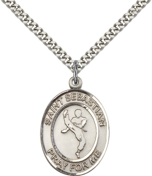 Sterling Silver St. Sebastian Pendant with 24 Inch Light Rhodium Heavy Curb Chain - Large Martial Arts