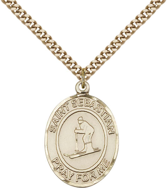 14kt Gold Filled St. Sebastian/Skiing Pendant with 24 inch Gold Plate Heavy Curb Chain
