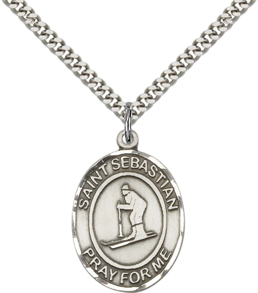 Sterling Silver St. Sebastian/Skiing Pendant with 24 Inch Light Rhodium Heavy Curb Chain