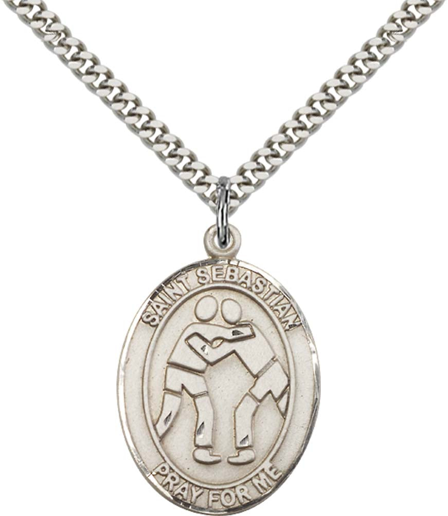 Sterling Silver St. Sebastian Pendant with 24 Inch Light Rhodium Heavy Curb Chain - Large Wrestling