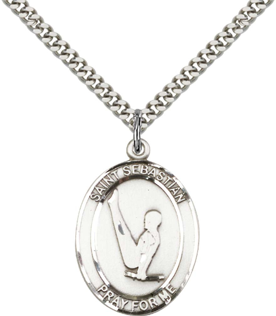 Sterling Silver St. Sebastian Pendant with 24 Inch Light Rhodium Heavy Curb Chain - Large Gymnastics