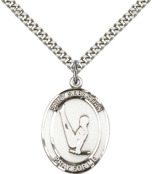 Sterling Silver St. Sebastian Pendant with 24 Inch Light Rhodium Heavy Curb Chain - Large Gymnastics