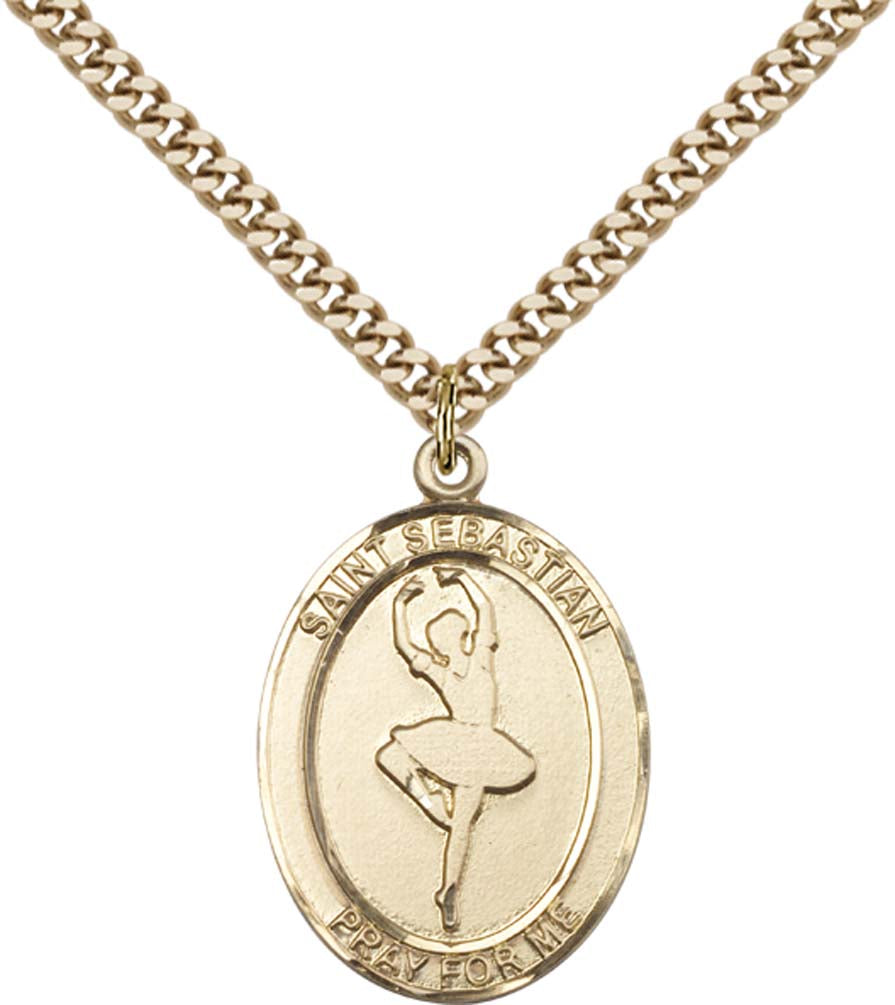 14kt Gold Filled St. Sebastian Pendant with 24 inch Gold Plate Heavy Curb Chain - Large Dance