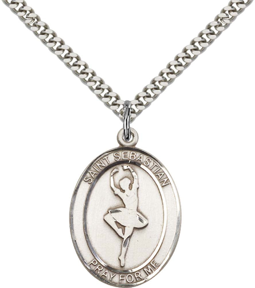Sterling Silver St. Sebastian Pendant with 24 Inch Light Rhodium Heavy Curb Chain - Large Dance