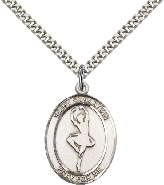 Sterling Silver St. Sebastian Pendant with 24 Inch Light Rhodium Heavy Curb Chain - Large Dance