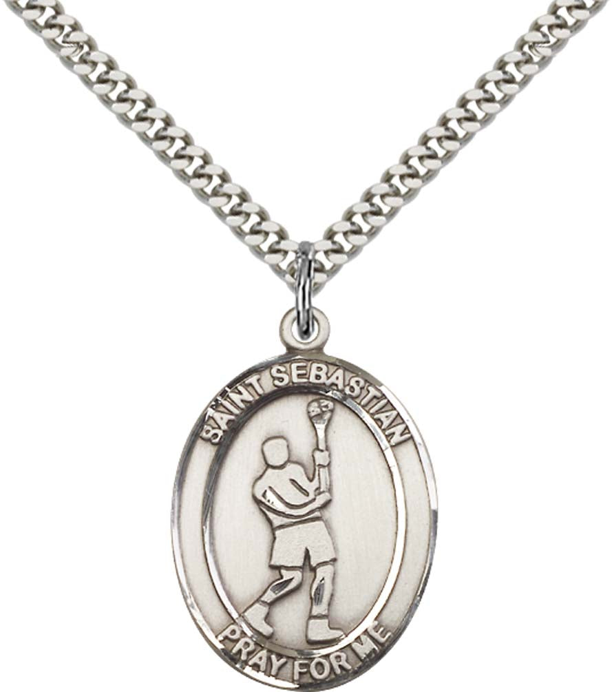 Sterling Silver St. Sebastian Pendant with 24 Inch Light Rhodium Heavy Curb Chain - Large LaCrosse