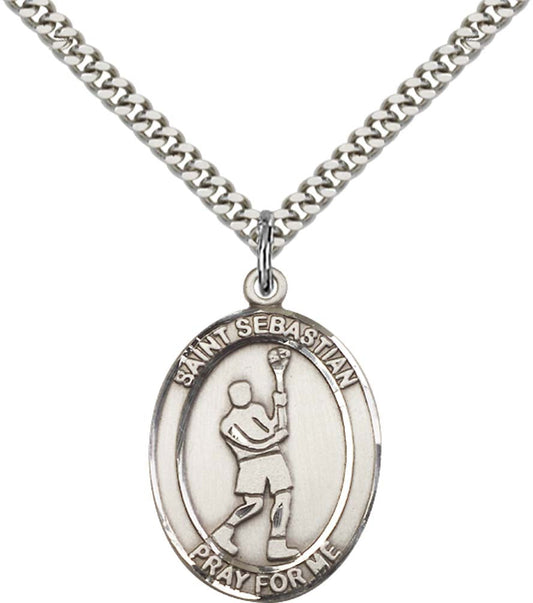 Sterling Silver St. Sebastian Pendant with 24 Inch Light Rhodium Heavy Curb Chain - Large LaCrosse