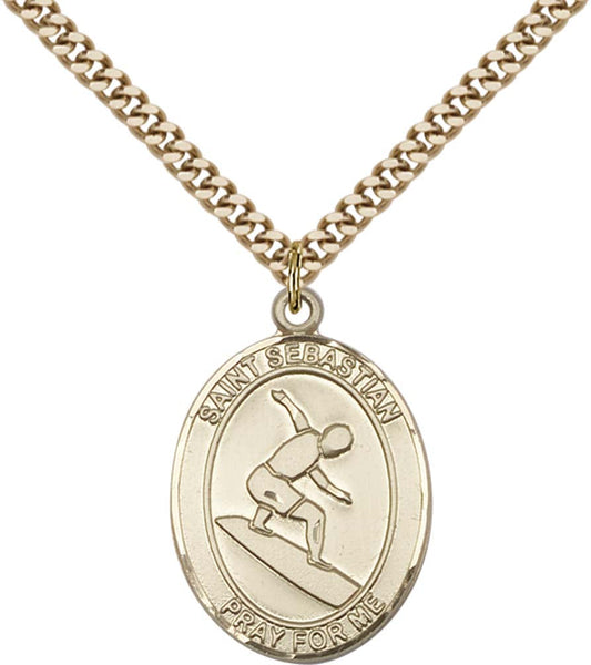 14kt Gold Filled St. Sebastian/Surfing Pendant with 24 inch Gold Plate Heavy Curb Chain