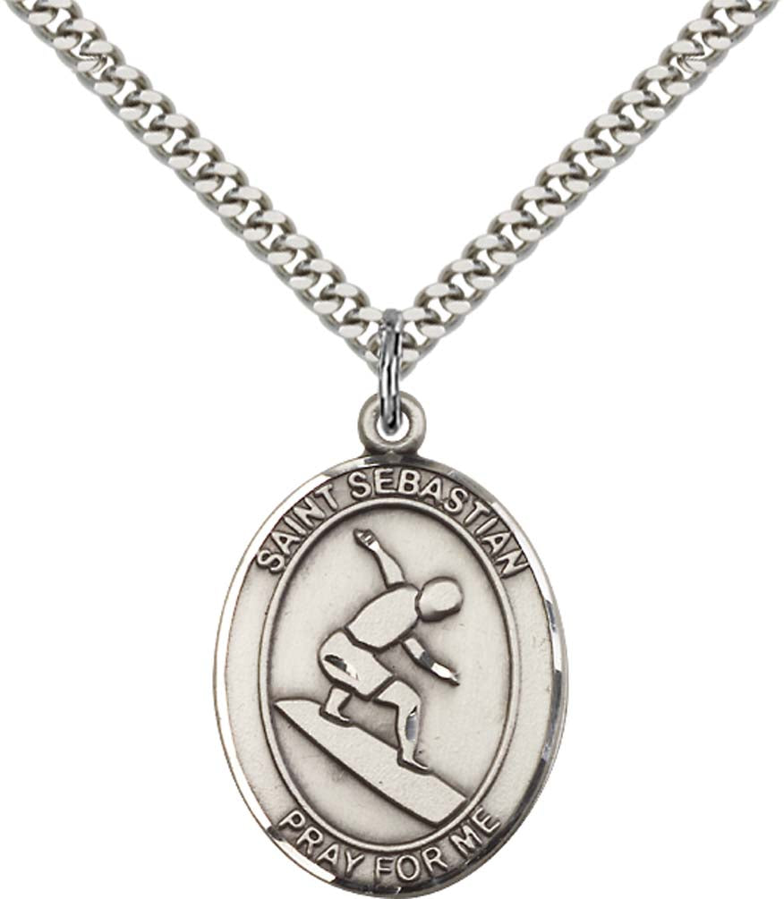 Sterling Silver St. Sebastian Pendant with 24 Inch Light Rhodium Heavy Curb Chain - Large Surfing
