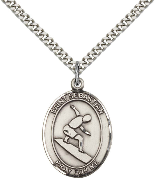 Sterling Silver St. Sebastian Pendant with 24 Inch Light Rhodium Heavy Curb Chain - Large Surfing