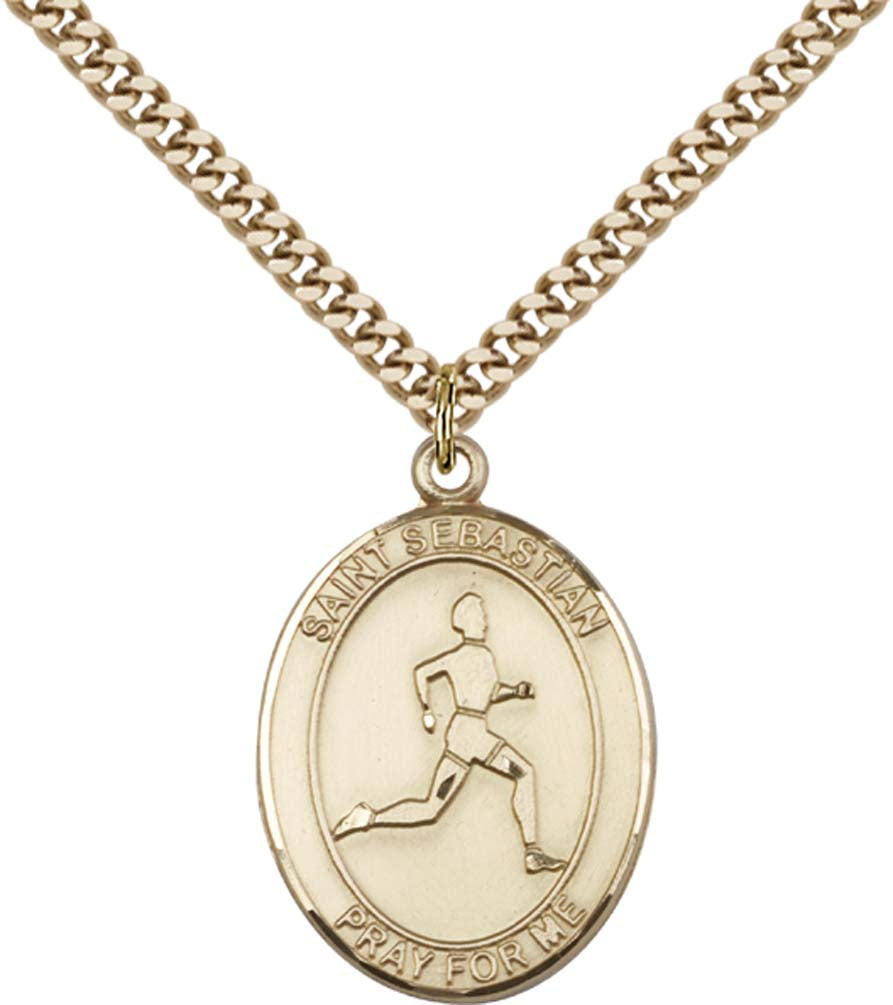 14kt Gold Filled St. Sebastian Pendant with 24 inch Gold Plate Heavy Curb Chain - Large Track & Field