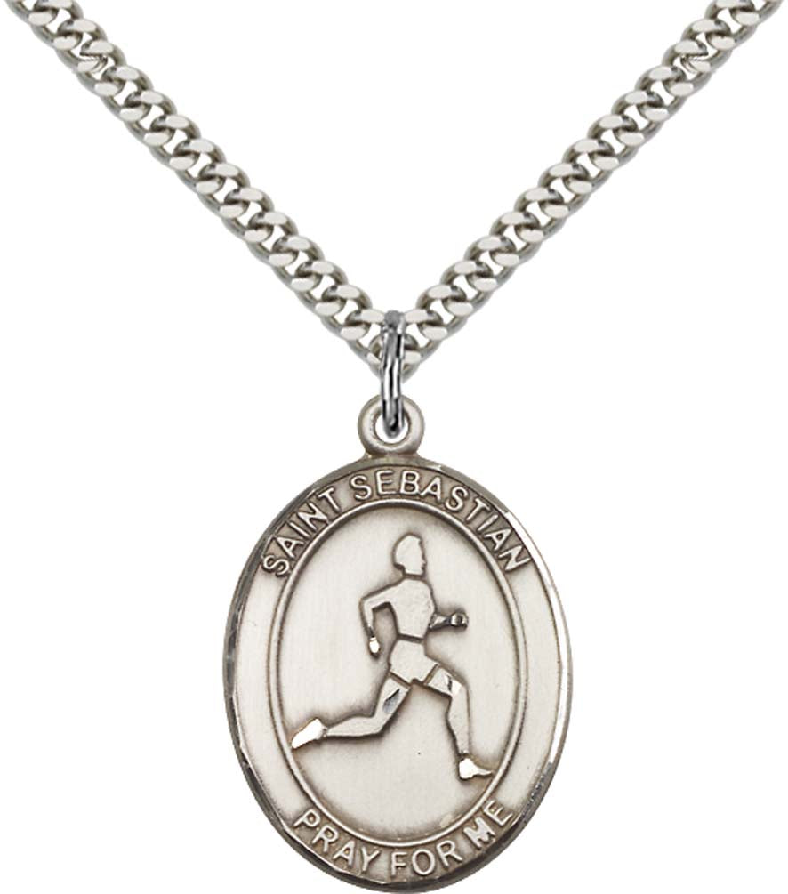 Sterling Silver St. Sebastian Pendant with 24 Inch Light Rhodium Heavy Curb Chain - Large Track & Field