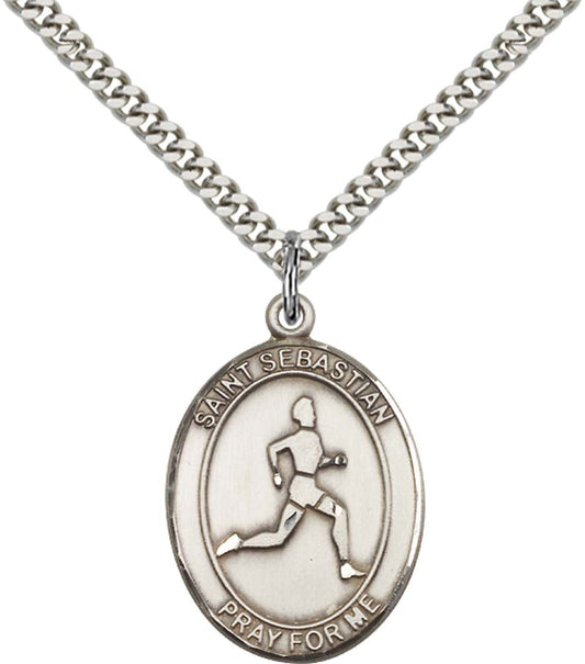 Sterling Silver St. Sebastian Pendant with 24 Inch Light Rhodium Heavy Curb Chain - Large Track & Field
