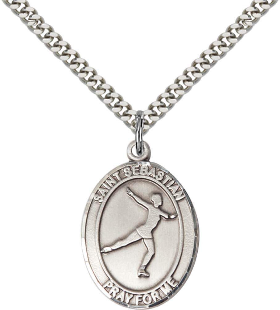 Sterling Silver St. Sebastian/Figure Skating Penda with 24 Inch Light Rhodium Heavy Curb Chain