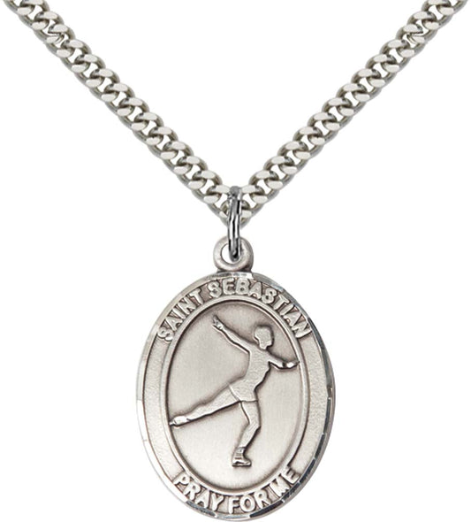 Sterling Silver St. Sebastian/Figure Skating Penda with 24 Inch Light Rhodium Heavy Curb Chain