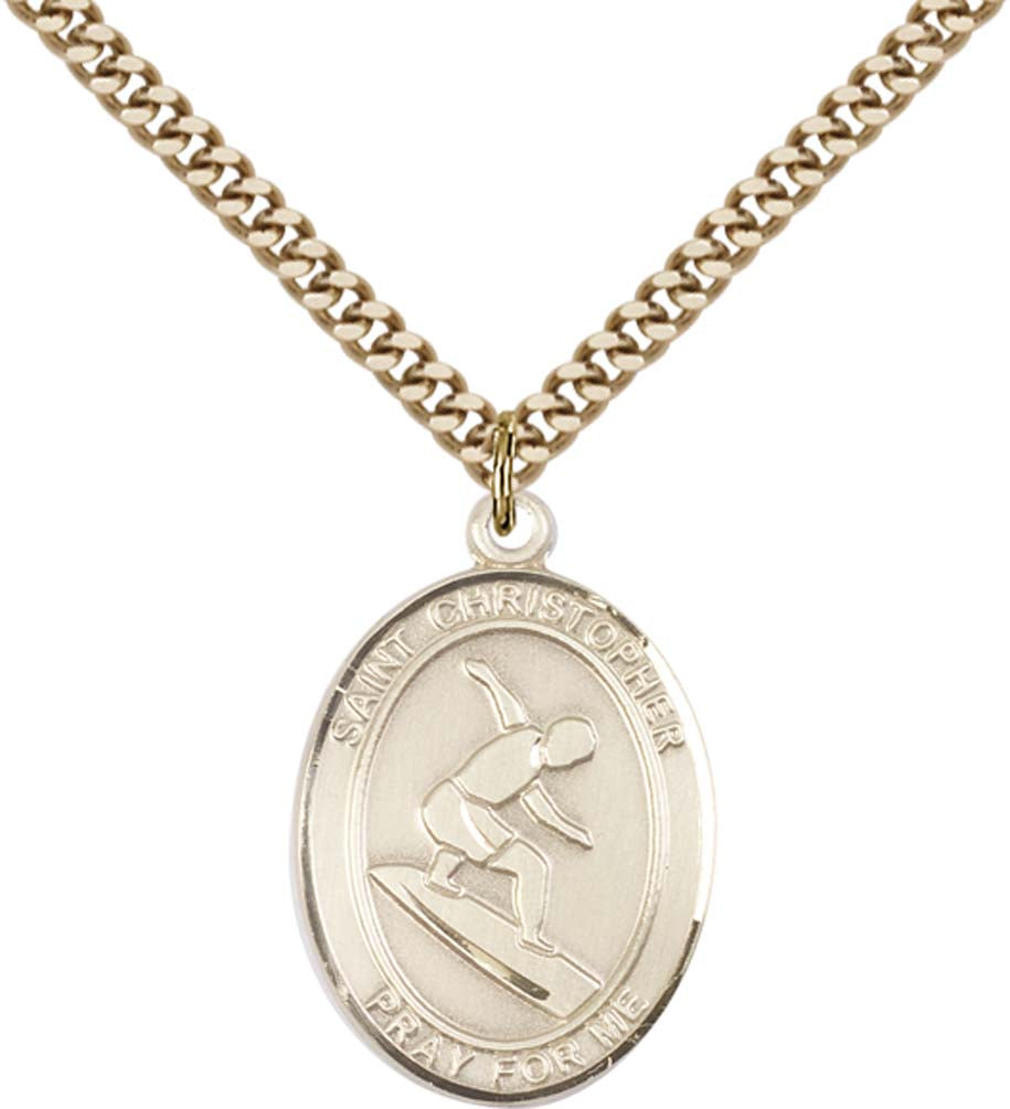 14kt Gold Filled St. Christopher Pendant with 24 inch Gold Plate Heavy Curb Chain - Large Surfing
