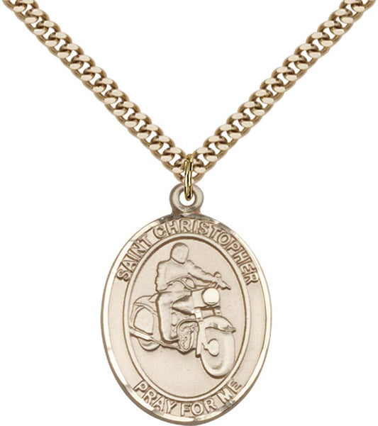 14kt Gold Filled St. Christopher Pendant with 24 inch Gold Plate Heavy Curb Chain - Large Motorcycle