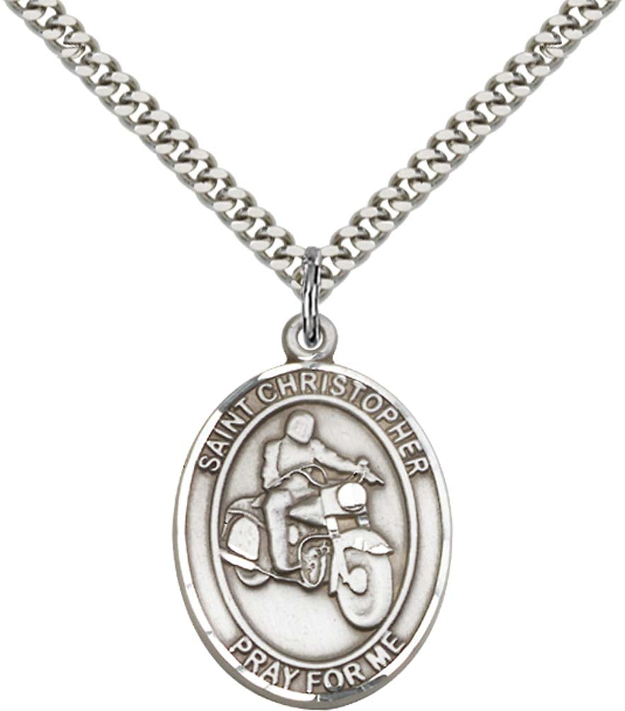Sterling Silver St. Christopher Pendant with 24 Inch Light Rhodium Heavy Curb Chain - Large Motorcycle