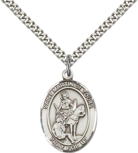 Sterling Silver St. Martin of Tours Pendant with 24 Inch Light Rhodium Heavy Curb Chain