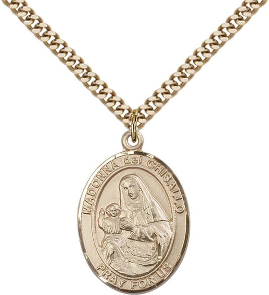 14kt Gold Filled St. Madonna Del Ghisallo Pendant with 24 inch Gold Plate Heavy Curb Chain