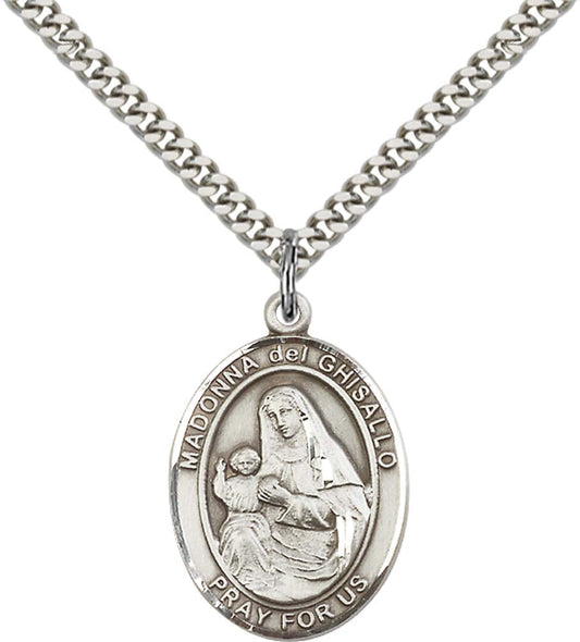 Sterling Silver St. Madonna Del Ghisallo Pendant with 24 Inch Light Rhodium Heavy Curb Chain