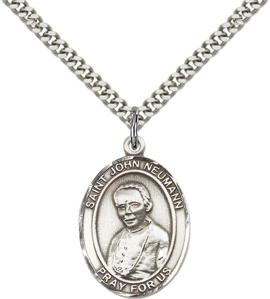 Sterling Silver St. John Neumann Pendant with 24 Inch Light Rhodium Heavy Curb Chain