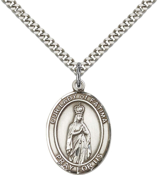Sterling Silver O/L of Fatima Pendant with 24 Inch Light Rhodium Heavy Curb Chain