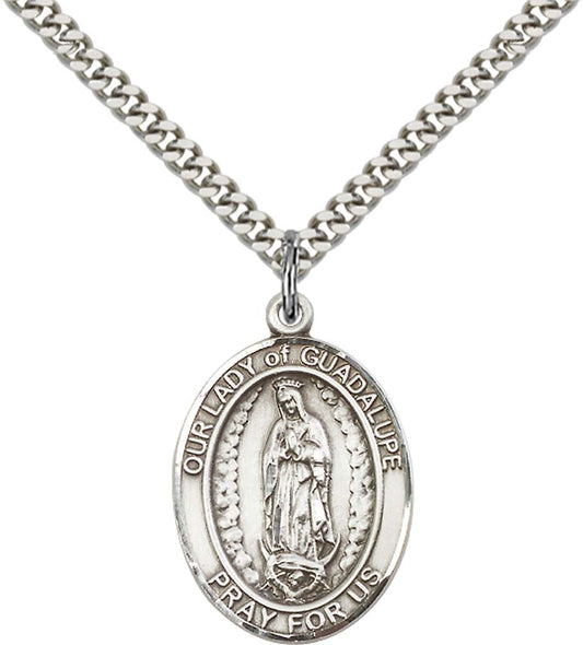 Sterling Silver O/L of Guadalupe Pendant with 24 Inch Light Rhodium Heavy Curb Chain