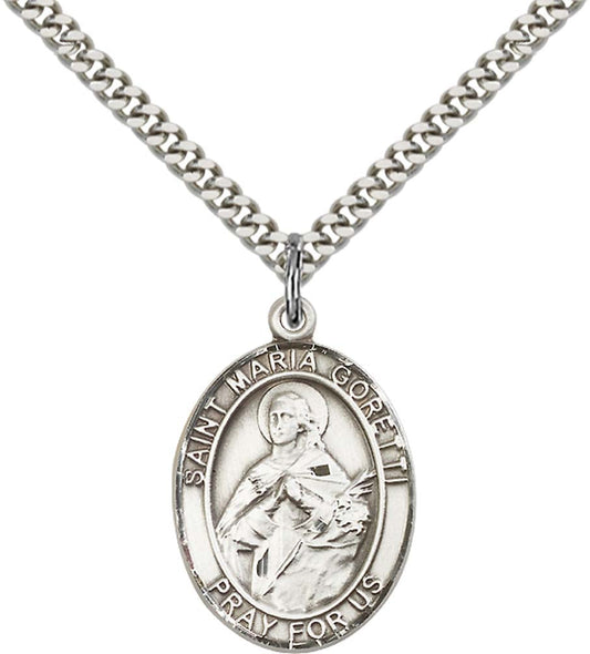 Sterling Silver St. Maria Goretti Pendant with 24 Inch Light Rhodium Heavy Curb Chain
