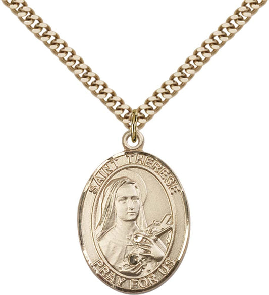14kt Gold Filled St. Therese of Lisieux Pendant with 24 inch Gold Plate Heavy Curb Chain