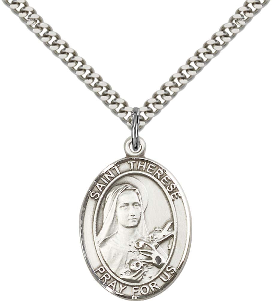 Sterling Silver St. Therese of Lisieux Pendant with 24 Inch Light Rhodium Heavy Curb Chain