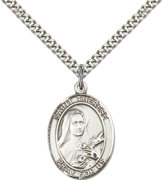 Sterling Silver St. Therese of Lisieux Pendant with 24 Inch Light Rhodium Heavy Curb Chain
