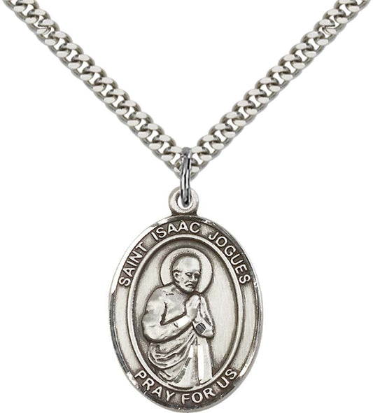 Sterling Silver St. Isaac Jogues Pendant with 24 Inch Light Rhodium Heavy Curb Chain